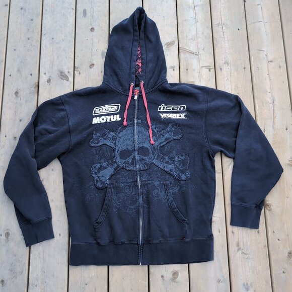 Icon Vortex Full Zip Hoodie Men's L Black Motorcycle Biker Skull and Crossbones - Picture 1 of 8